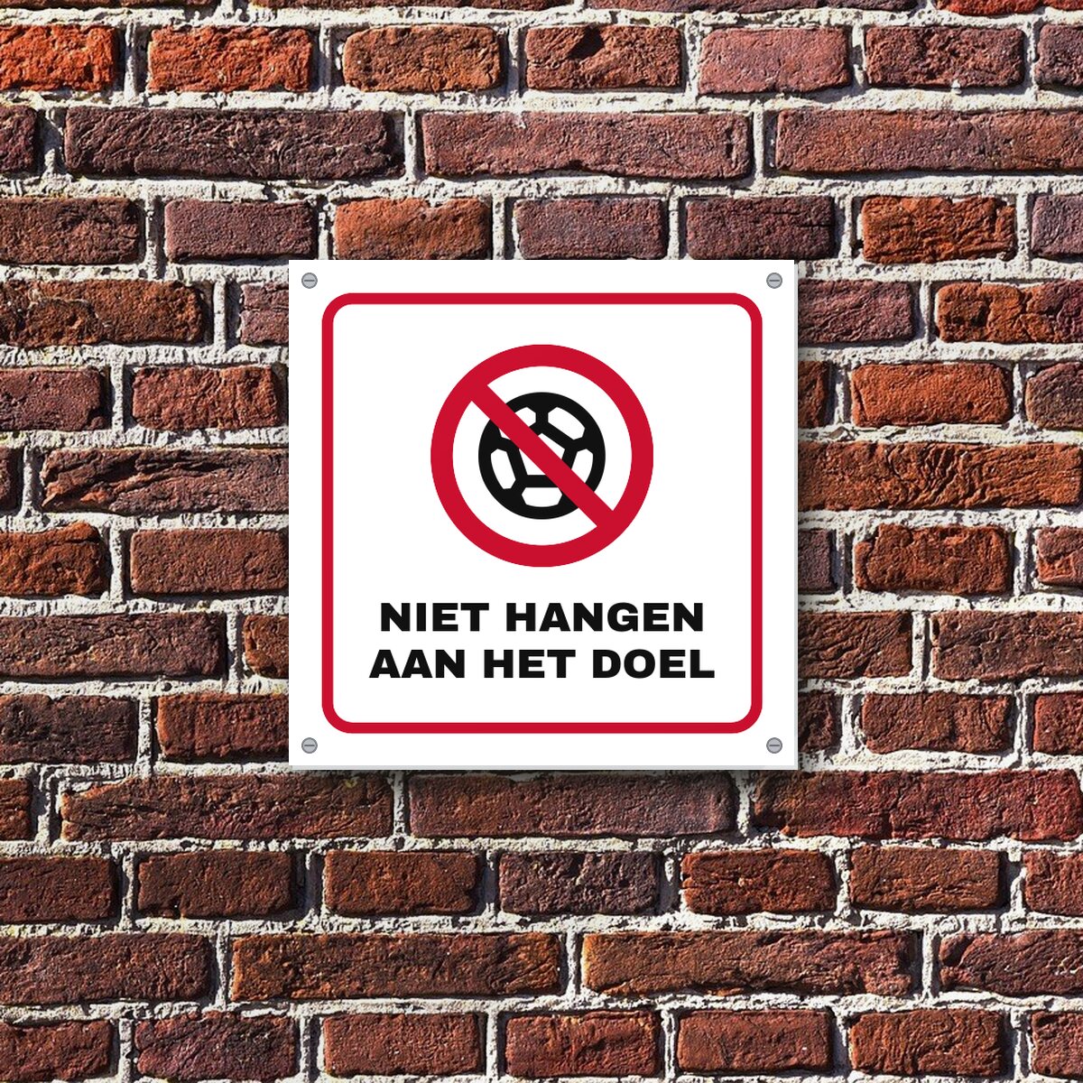 Bordje Niet hangen aan het doel aan de muur