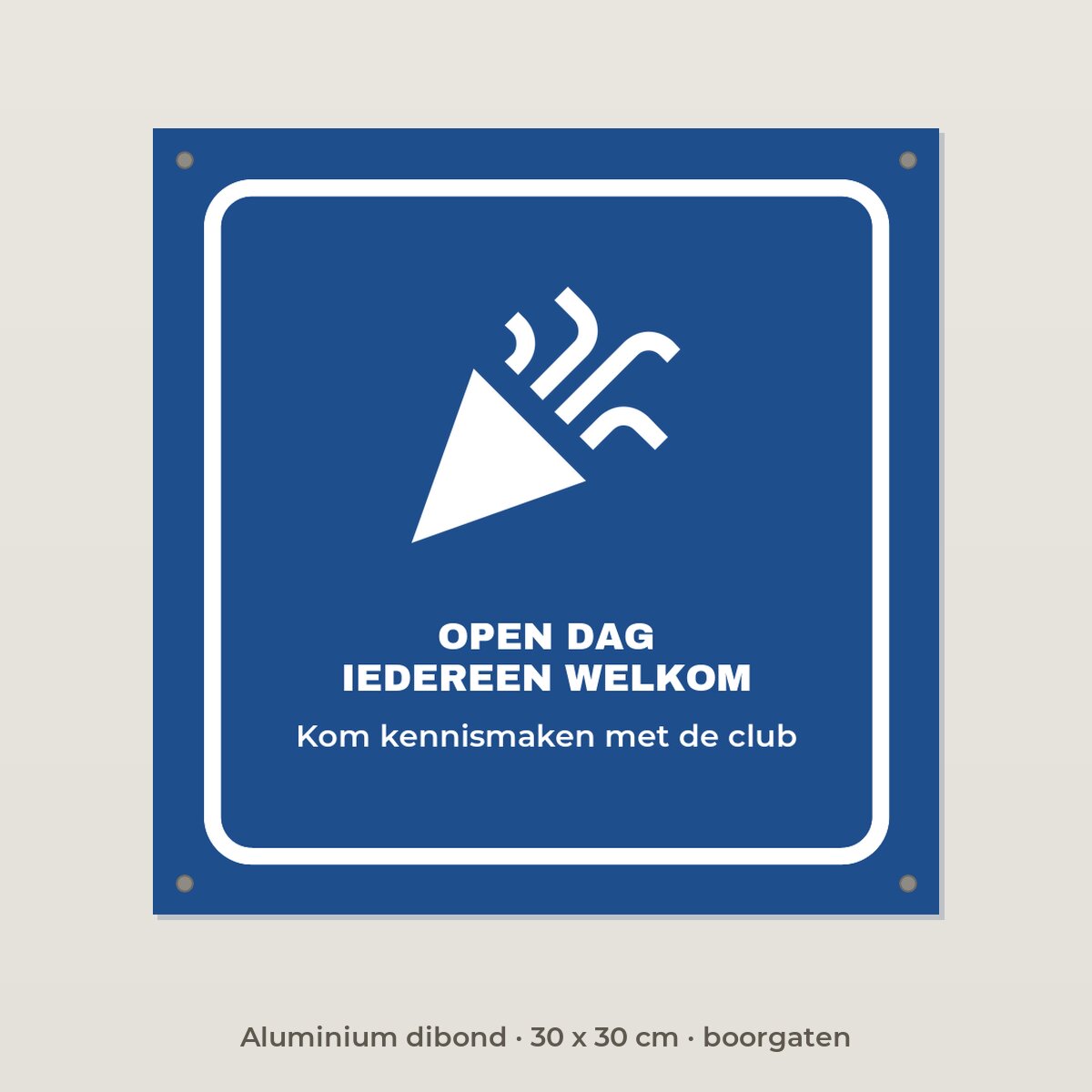 Bordje Open dag sportclub - Aluminium dibond 30 x 30 cm met boorgaten