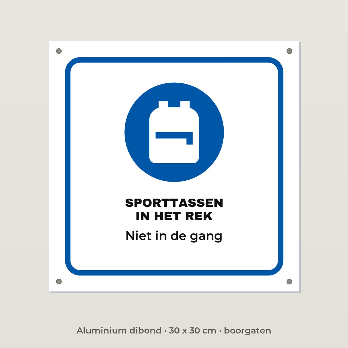 Bordje Sporttassen in het rek - Aluminium dibond 30 x 30 cm met boorgaten