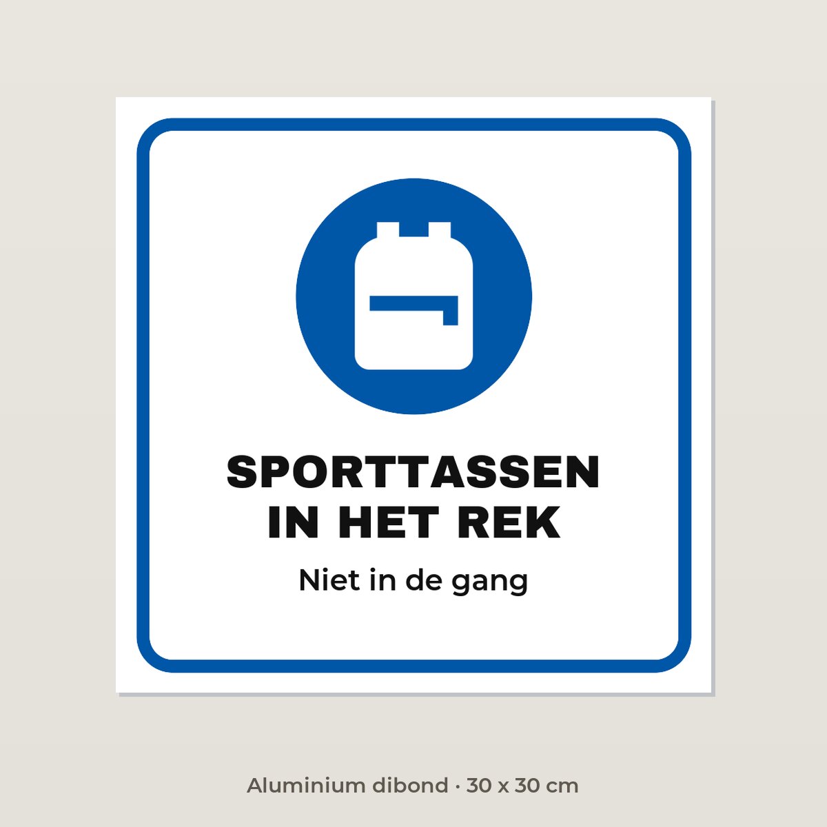 Bordje Sporttassen in het rek - Aluminium dibond 30 x 30 cm